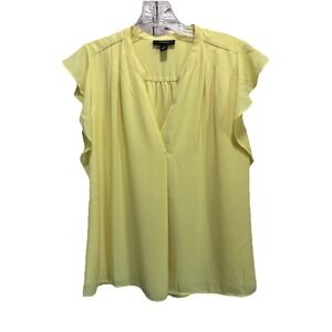 Alfani Yellow Chiffon Round/Split Neck Blouse Size‎ S Short Flutter Sleeve Lined